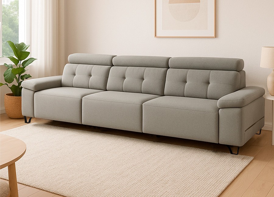 Sofá pata alta asientos deslizantes a suelo con brazo móvil con arcón