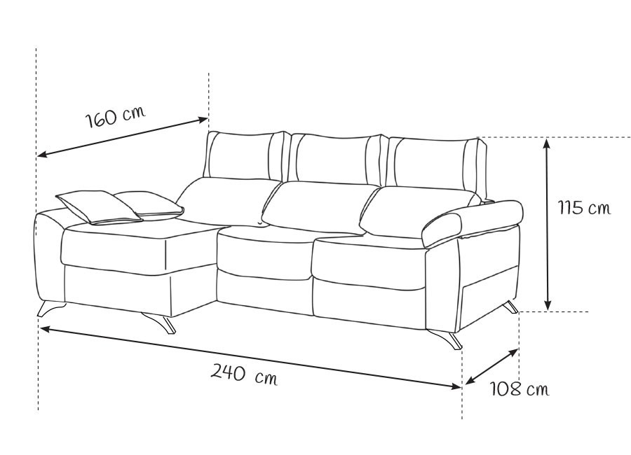 Sofá 1100 de 240 con chaiselongue y brazo móvil con arcón