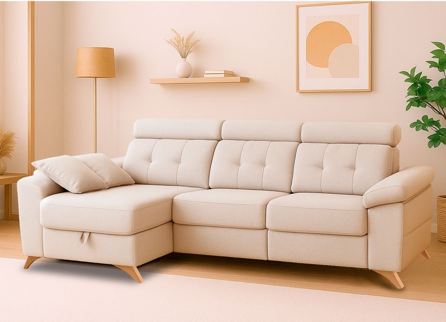 Sofá Varda 240 con chaiselongue y brazo móvil con arcón