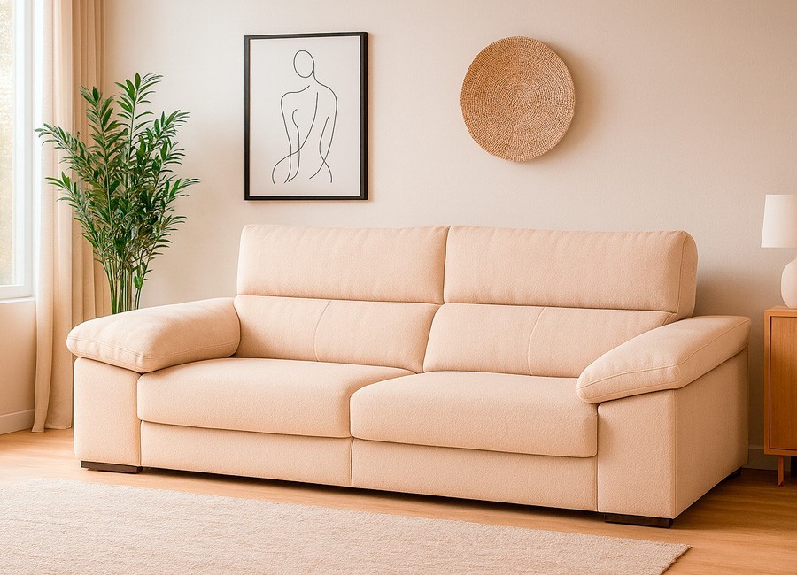 Sofá asientos deslizantes y arcón en brazos