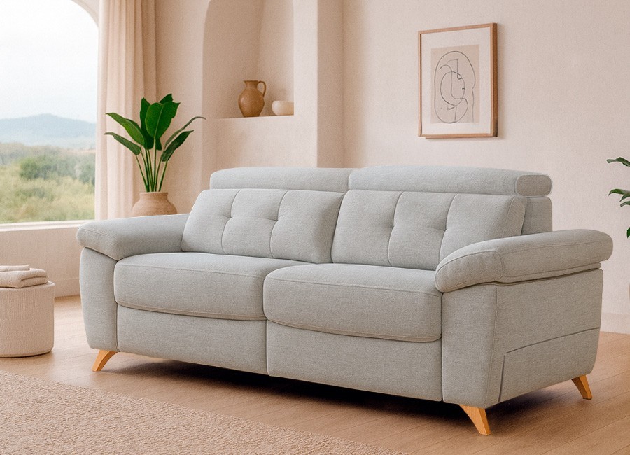 Sofá asientos deslizantes con pata alta y brazo móvil con arcón