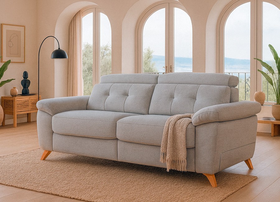 Sofá asientos deslizantes con pata alta y brazo móvil con arcón