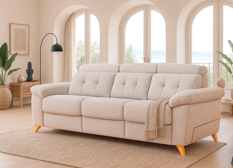 Sofá asientos deslizantes con pata alta y brazos móviles con arcón