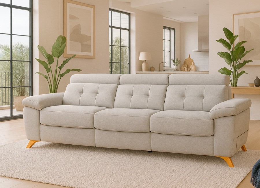 Sofá asientos deslizantes con pata alta y brazos móviles con arcón