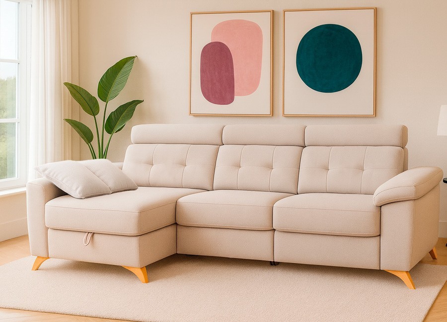 Sofá chaiselongue asientos deslizantes con brazo móvil con arcón