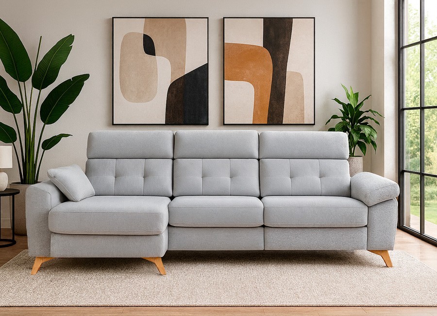 Sofá chaiselongue asientos deslizantes con brazo móvil con arcón