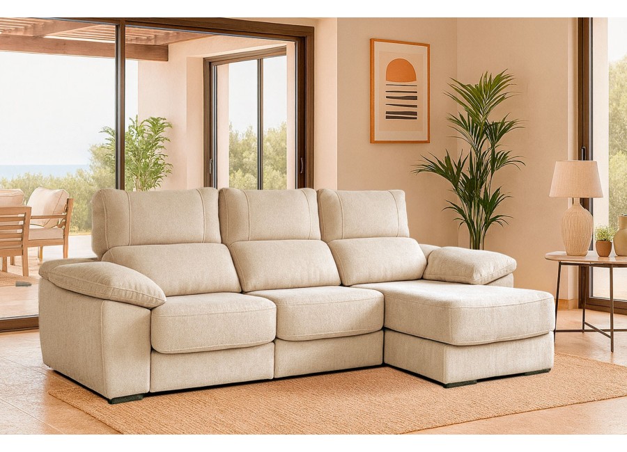 Sofá chaiselongue con arcón, asientos deslizantes con brazo arcón