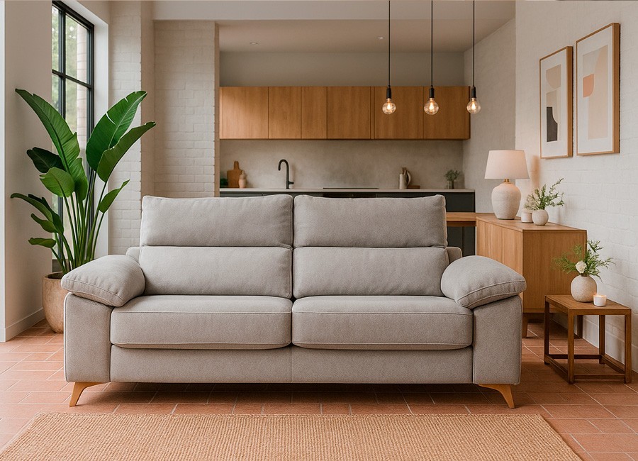 Sofá patas altas con asientos deslizantes y brazo arcón