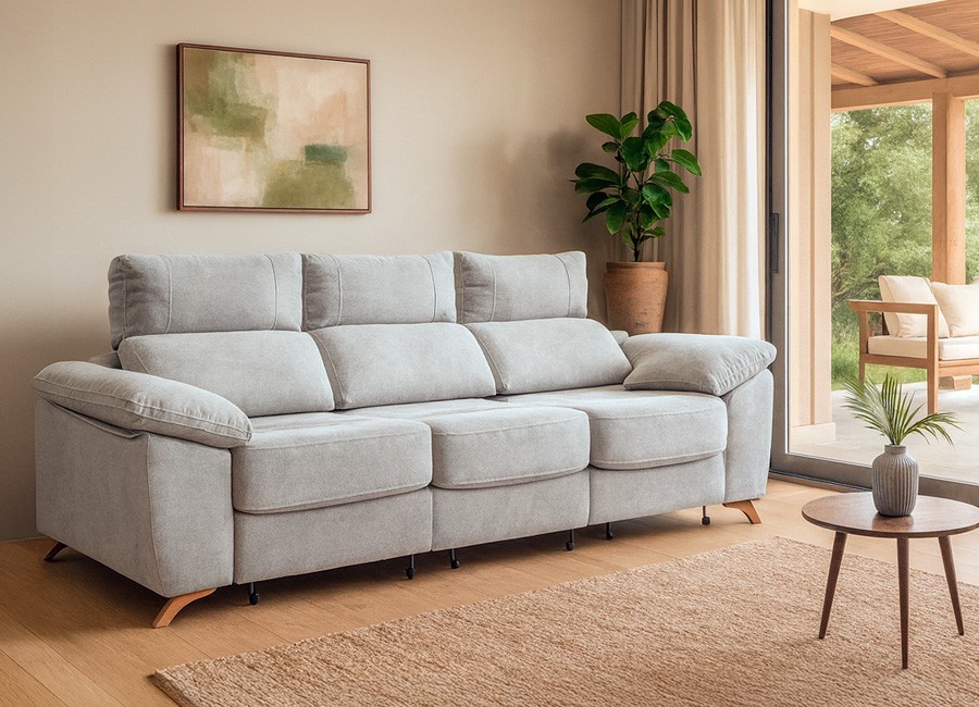 Sofá pata alta con asientos deslizantes y arcón en brazo