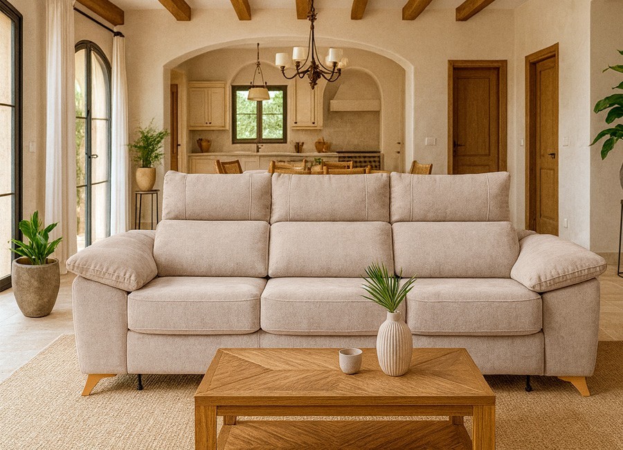 Sofá pata alta con asientos deslizantes y arcón en brazo