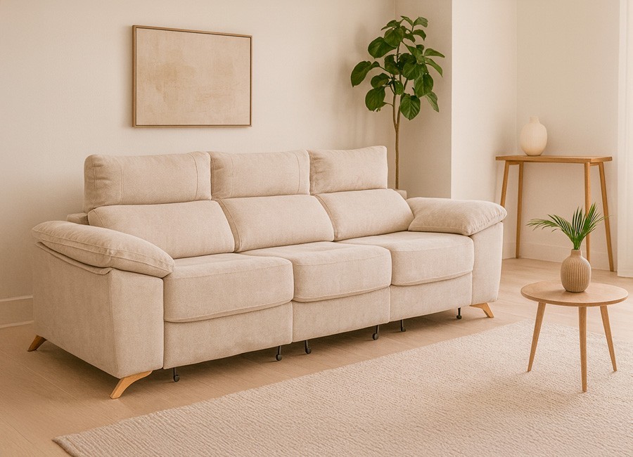 Sofá pata alta con asientos deslizantes y arcón en brazo