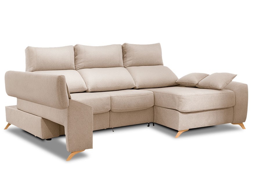 Sofá 1100 de 240 con chaiselongue y brazo móvil con arcón