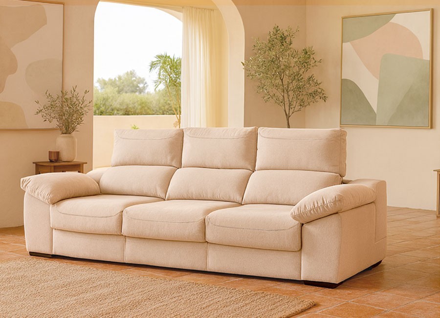 Sofá asientos deslizantes con brazo arcón y pouffs