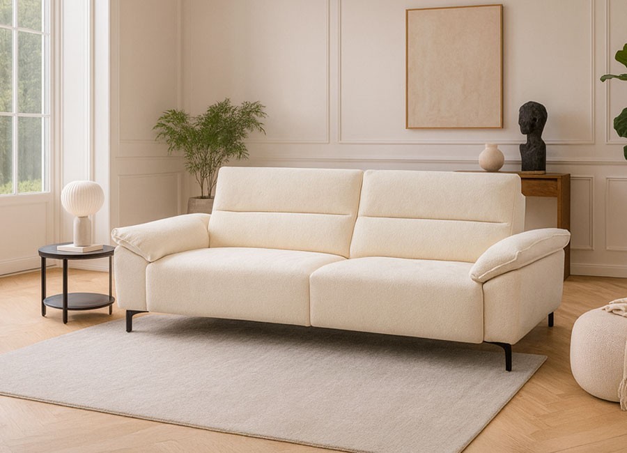 Sofá pata alta con asientos deslizantes y brazo móvil con arcón