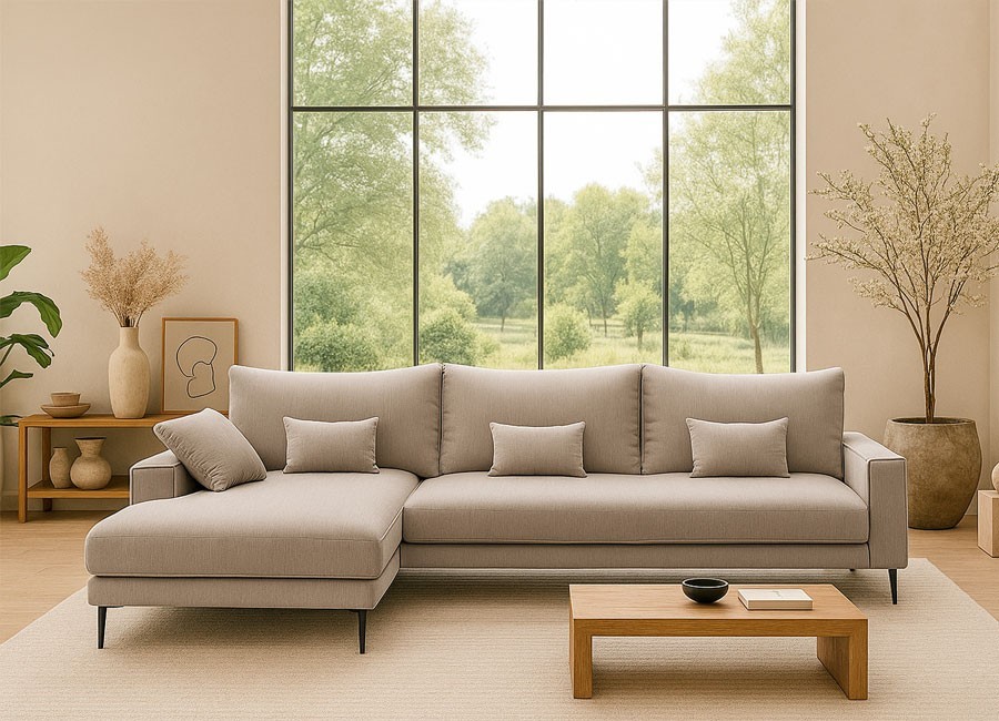 Sofá asiento continuo con patas altas y chaiselongue